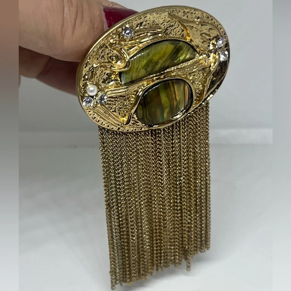 Art Deco Vintage Abalone and Brass Waterfall Jewelry Brooch w/ Gold Chain Fringe